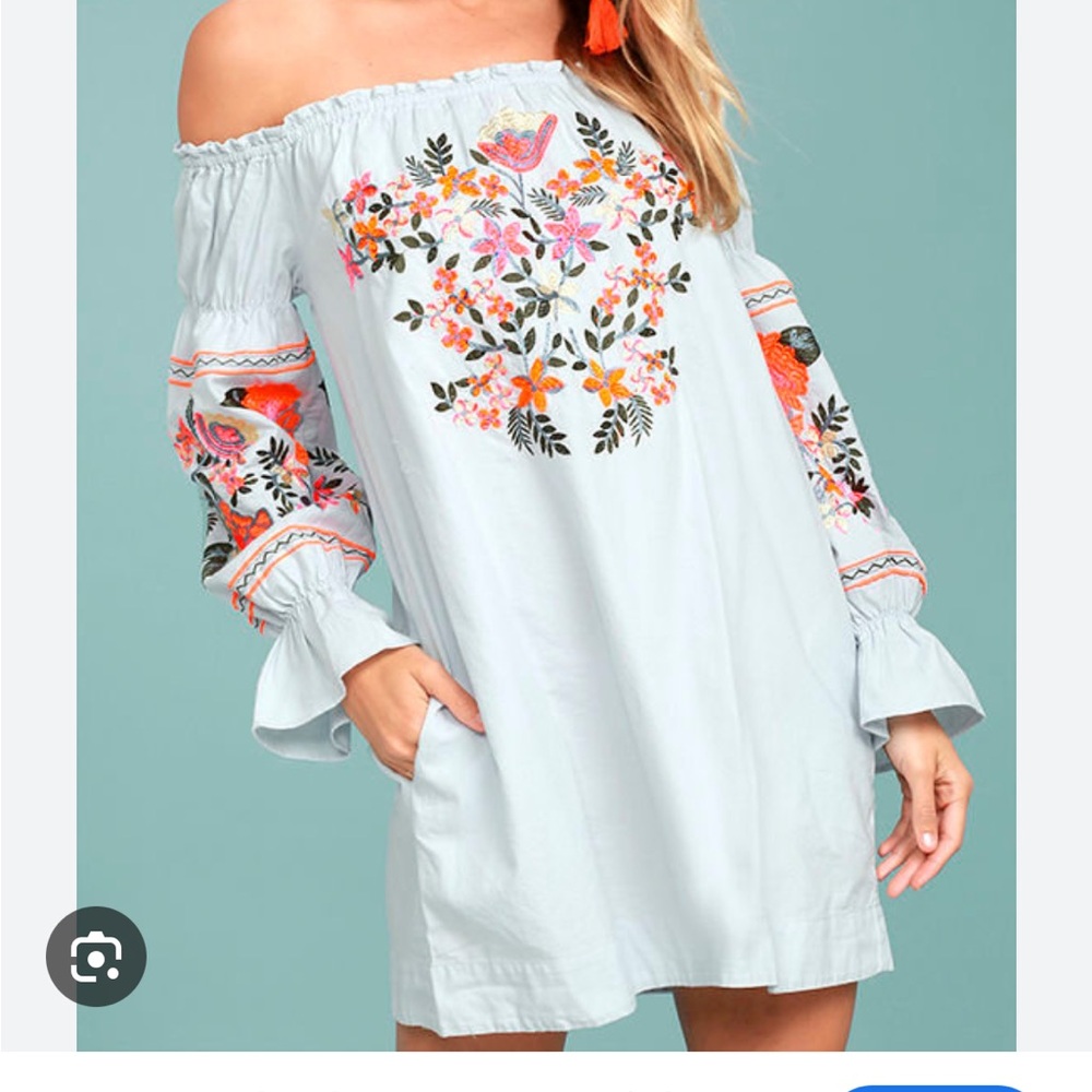 Free People Fleur Du Jour Light Blue Embroidered Dress